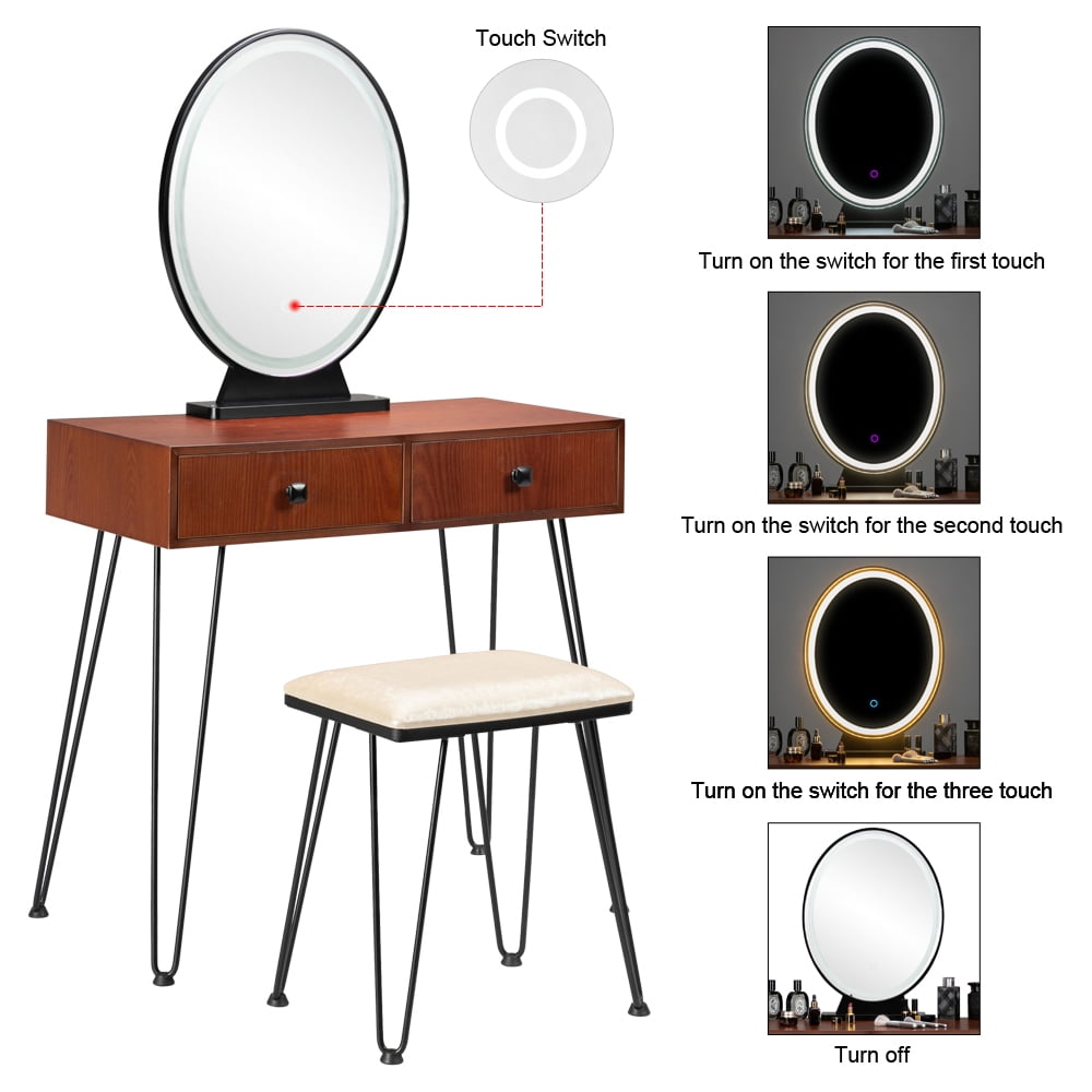 Kepooman Bedroom Iron Dressing Table, Simple Dressing Table with Iron Foot and Three-Color Adjustable Light, White Kepooman Bedroom Iron Dressing Table, Simple Dressing Table with Iron Foot and Three-Color Adjustable Light, White