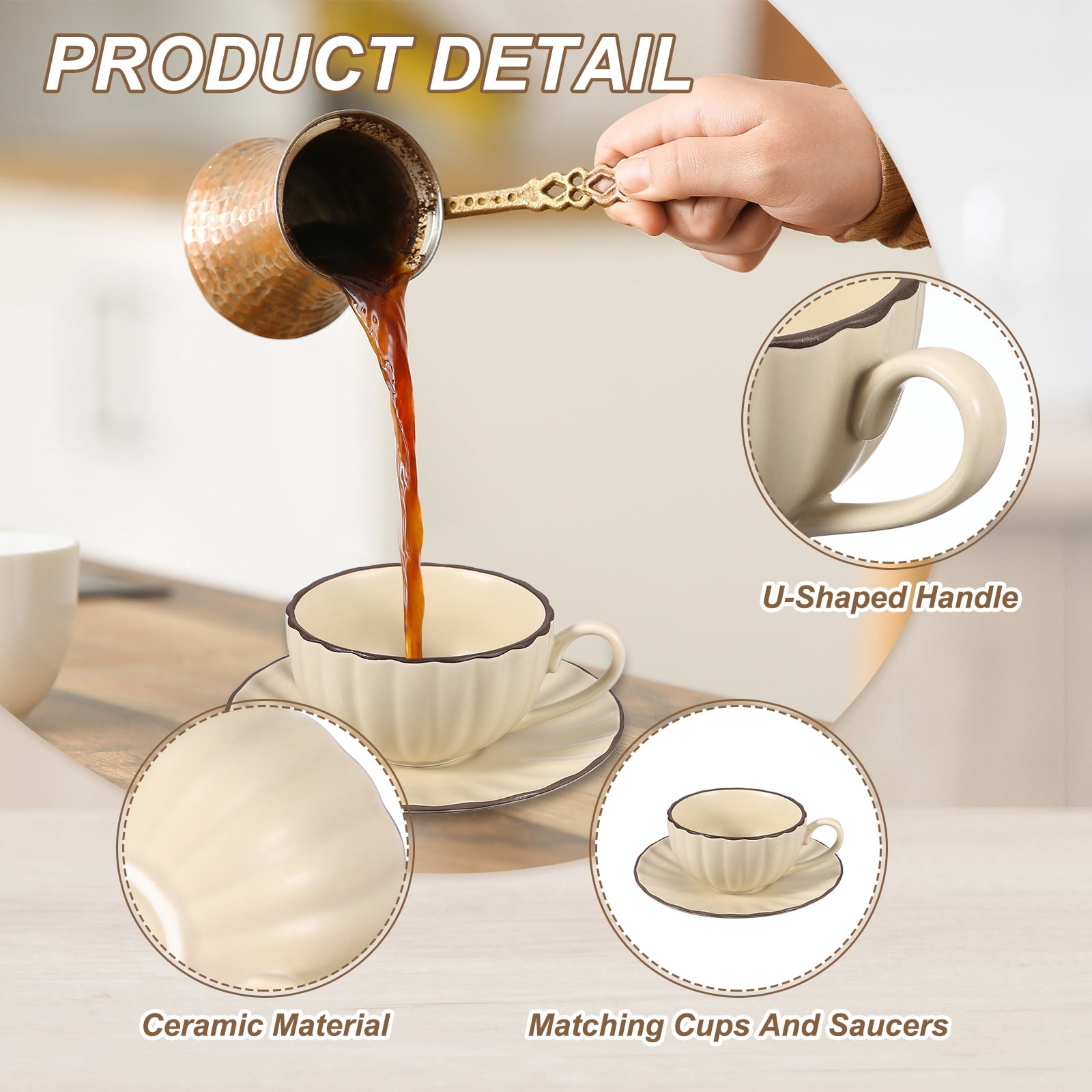 Uxcell Handmade Vintage Espresso Cups, 8 oz Coffee Cups and Saucers Ceramic Tea Cup with Handle Dishwasher and Microwave Safe for Latte Cappuccino Milk Office Home Gifts, Beige