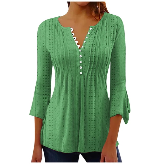 FAIWAD Tunique Évasée à Manches 3/4 pour Femmes, Col en V, Boutonnée, Blouse Décontractée d'Automne, Chandail Basique Plissé