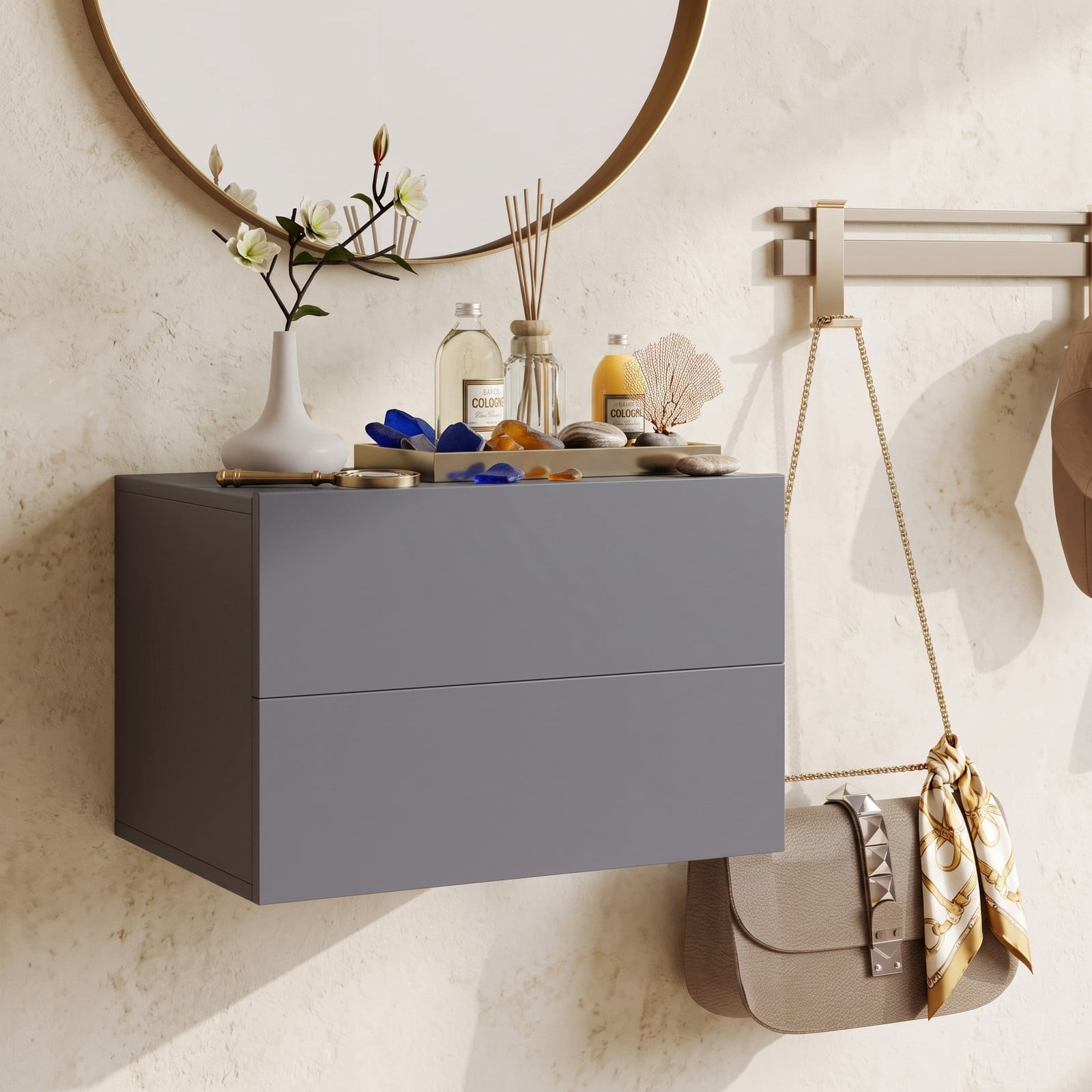 Furnibear Floating Nightstand with 2 Storage Drawers, Wall-mounted Bedside Table with Minimalist Design for Bedroom and Living Room, Gray
