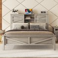 thumbnail image 2 of Queen Size Farmhouse Platform Bed with Sockets & USB Ports, Rustic Wood Bed Frame with Double-Layer Sliding Door  Bookcase Headboard &Tall Footboard, No Box Spring Required, Antique Gray, 2 of 7
