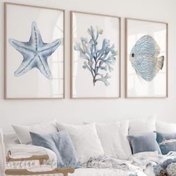 Coastal Wall Art Set of 3 – Ocean Fish, Coral & Starfish Beach House Prints, Poster Only