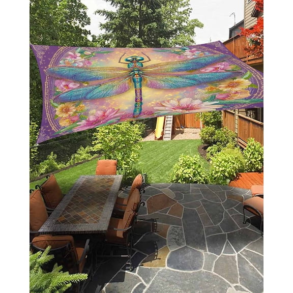 Outdoor Sun Shade Sail 12'x16', Purple Dragonfly Patio Beach Shade Canopy Cloth Waterproof, Colorful Flowers Watercolor Chic Floral Plant TearResistant & UV Protection Sun Sail for Backyard Garden