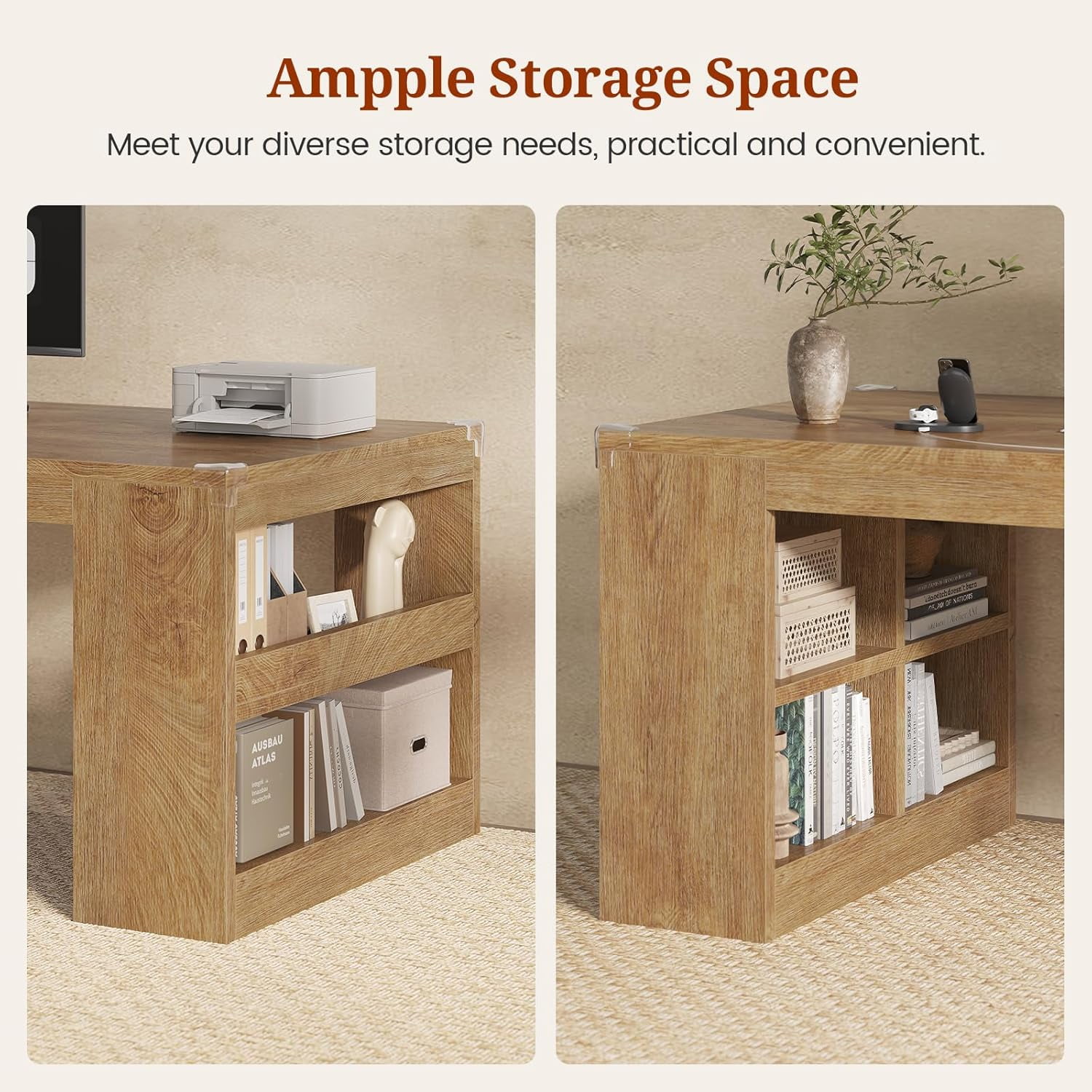 86.6 inch Two Person Desk, Computer Desk with Storage Shelves, Home Office Workstation Desk, Modern Writing Table, Oak