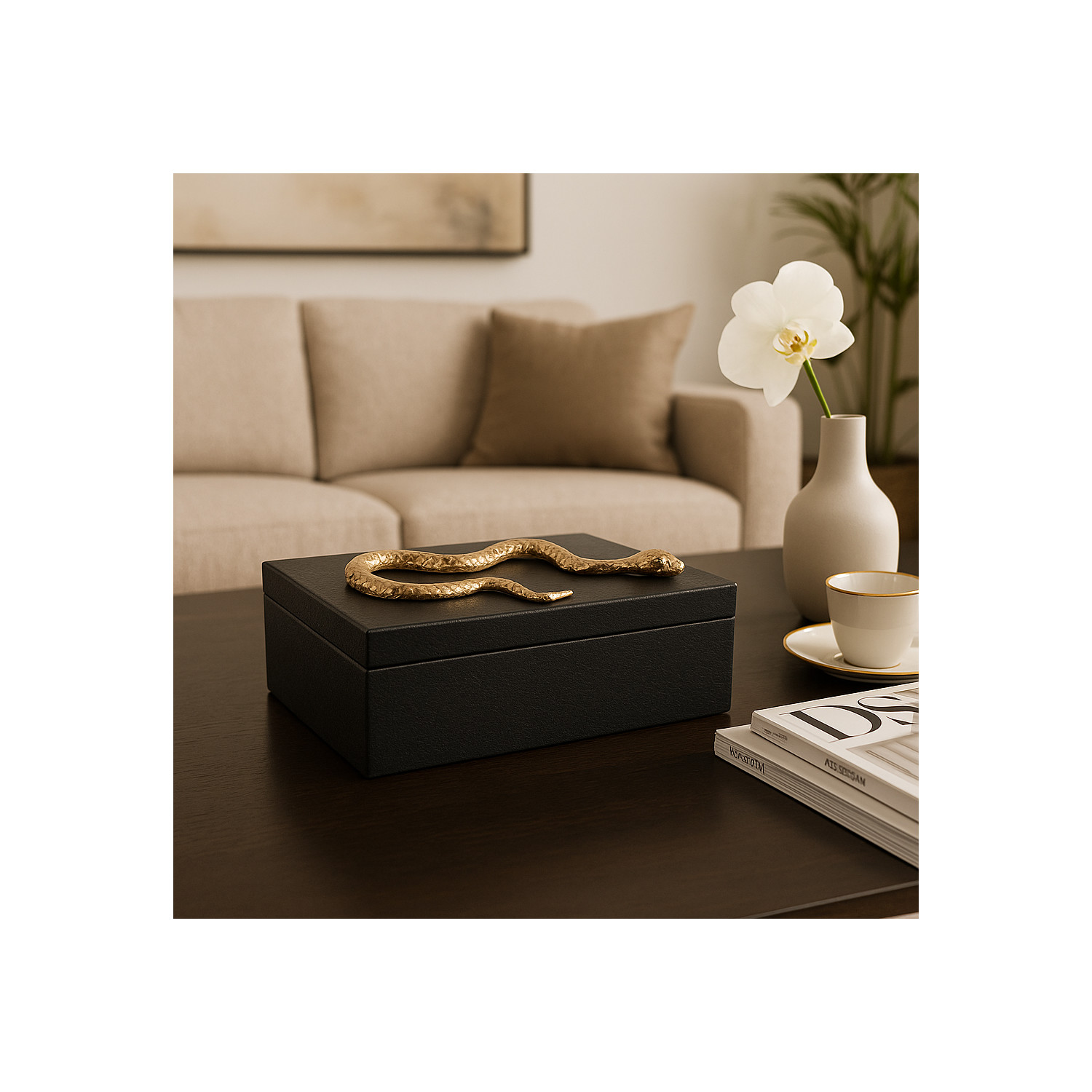 Faux Leather Decorative Box with Snake Accent for Home Decor - Modern Decor Box and Jewelry Keepsake with Lid for Bedroom Vanity - Storage Organizer for Bathroom Counter - 5", Black & Gold
