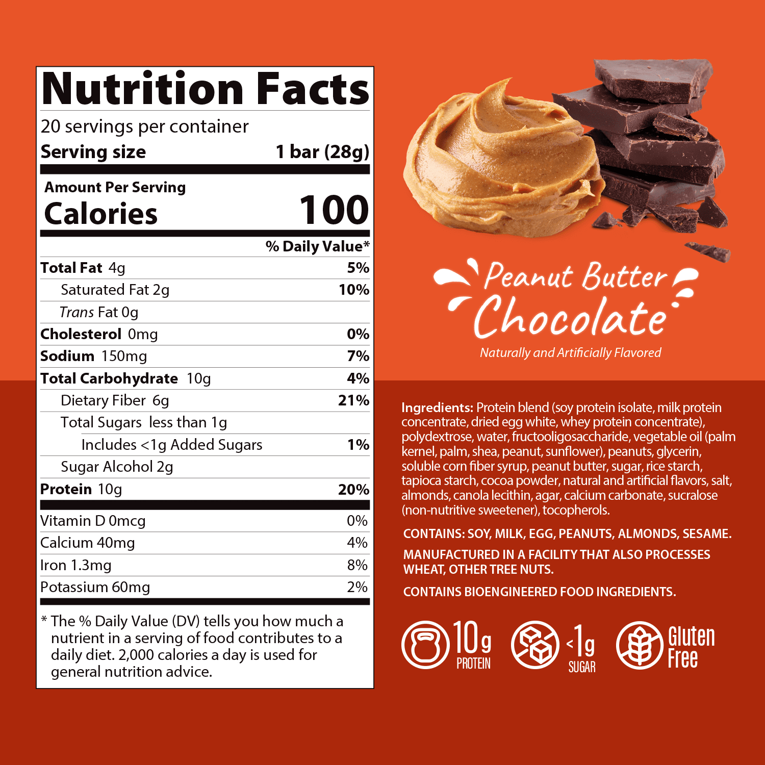 Genius Gourmet Crispy Protein Treat - Peanut Butter Chocolate Low Carb Low Sugar Snacks (10 Protein Bars)