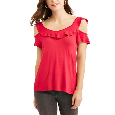 Ruffle Neck Wrap - Women's Ruffle Neck and Sleeve Cold Shoulder T-Shirt