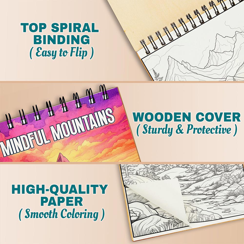 Mindful Mountains Coloring Book Spiral Bound For Adults, A5 Wooden Cover, 30 Calming Coloring Pages in Stunning Mountain Vistas for Stress Relief and Relaxation