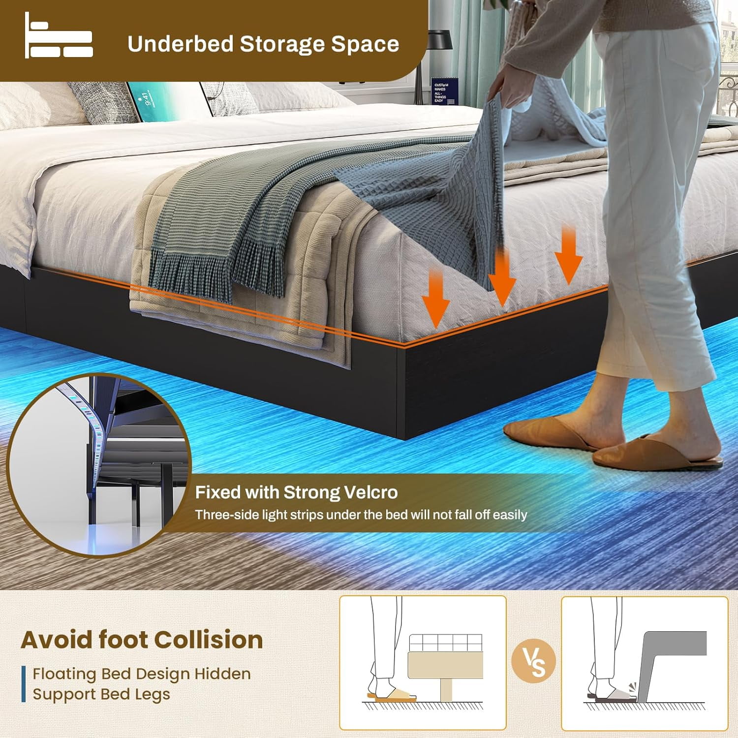 Aunfebrco Floating Bed Frame Queen Size with Storage Headboard Queen Metal Platform Bed with LED Lights & Charging Station, No Box Spring Need, Black