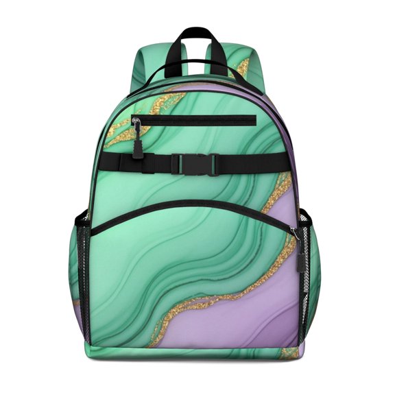 Green and Purple Marble Pattern Cute School Backpack Bag for School with Padded Back and Adjustable Shoulder Straps 15.25"x11.5"x5.25"