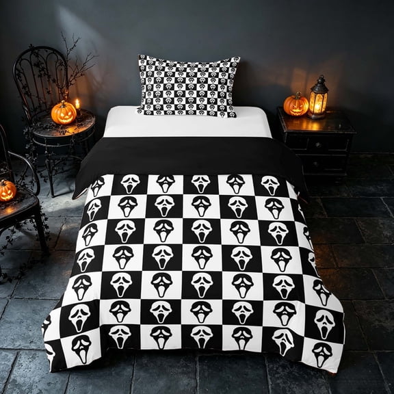 Homewish Ghost Face Checkered Twin Duvet Cover, Halloween Spooky Grid Twin Bedding, Black White, Black Reversible 2 Pieces, 1 Duvet Cover and 1 Pillowcase