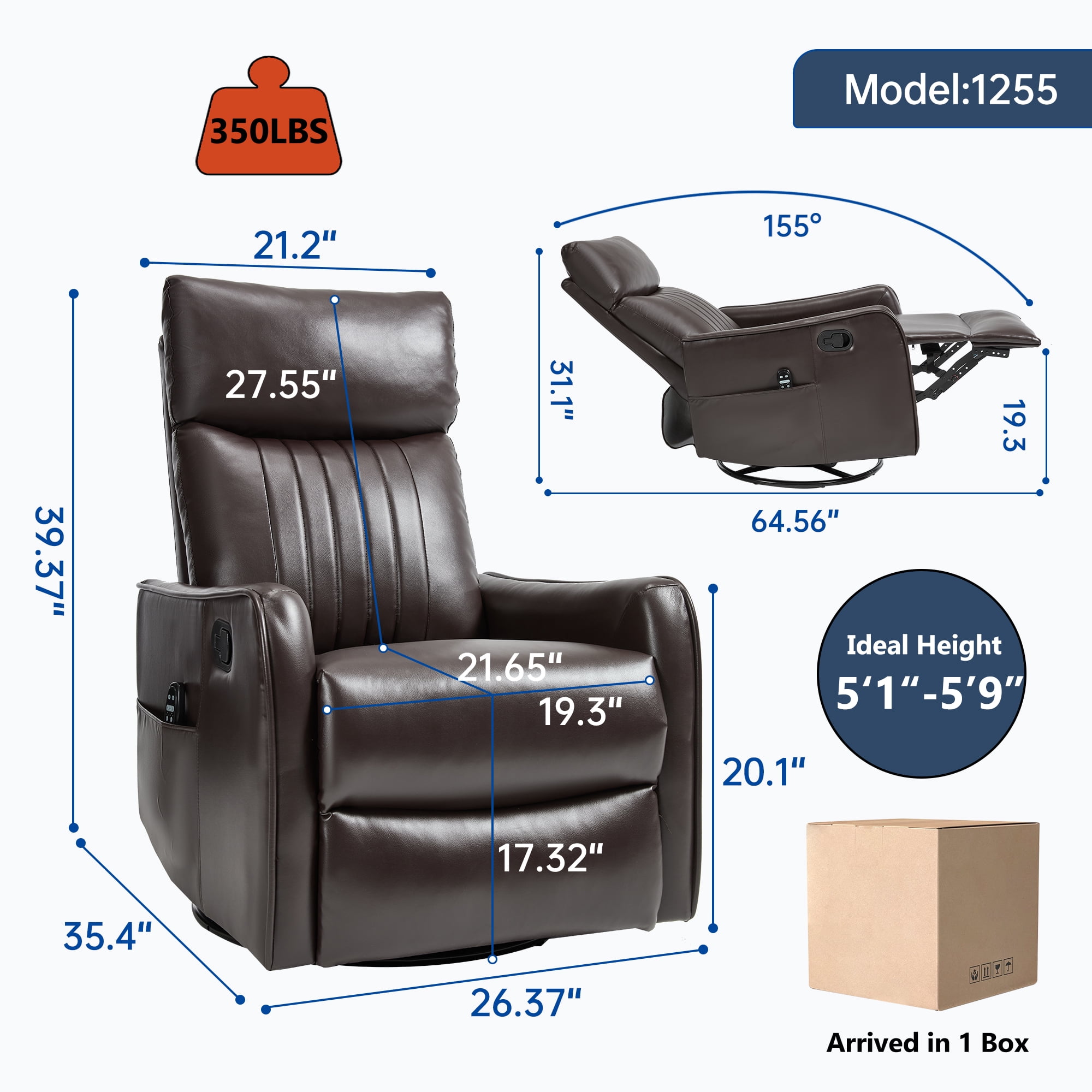 Leumius Manual Swivel Rocker Recliner Chair for Adults,Overstuffed Reclining Glider Chair with Vibration Massage & Heat,Upholstered Recliners with Side Pockets for Living Room,Dark Brown PU