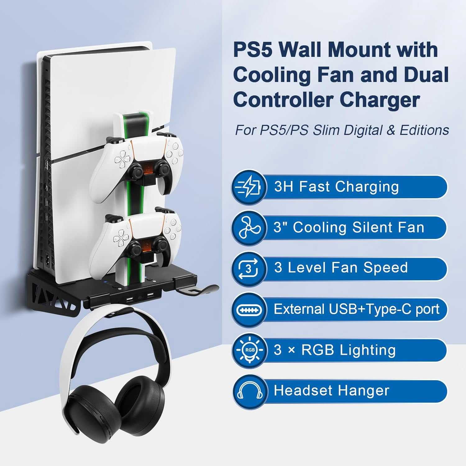 Wall Mount Kit for PS5/Slim with Charging Station and Cooling Fans, for PS5 Shelf Wall Mount Accessories, Steel Wall Stand with Dual Controller Charger, Headset Hanger for PS5  All Versions