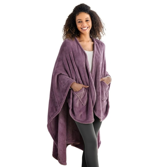 Berkshire Blanket Primalushâ„¢ Wearable Blanket,Cozy Loungewear Pocketed Plush Cape Wrap for Adults & Teens(Purple,One Size 58"X64")