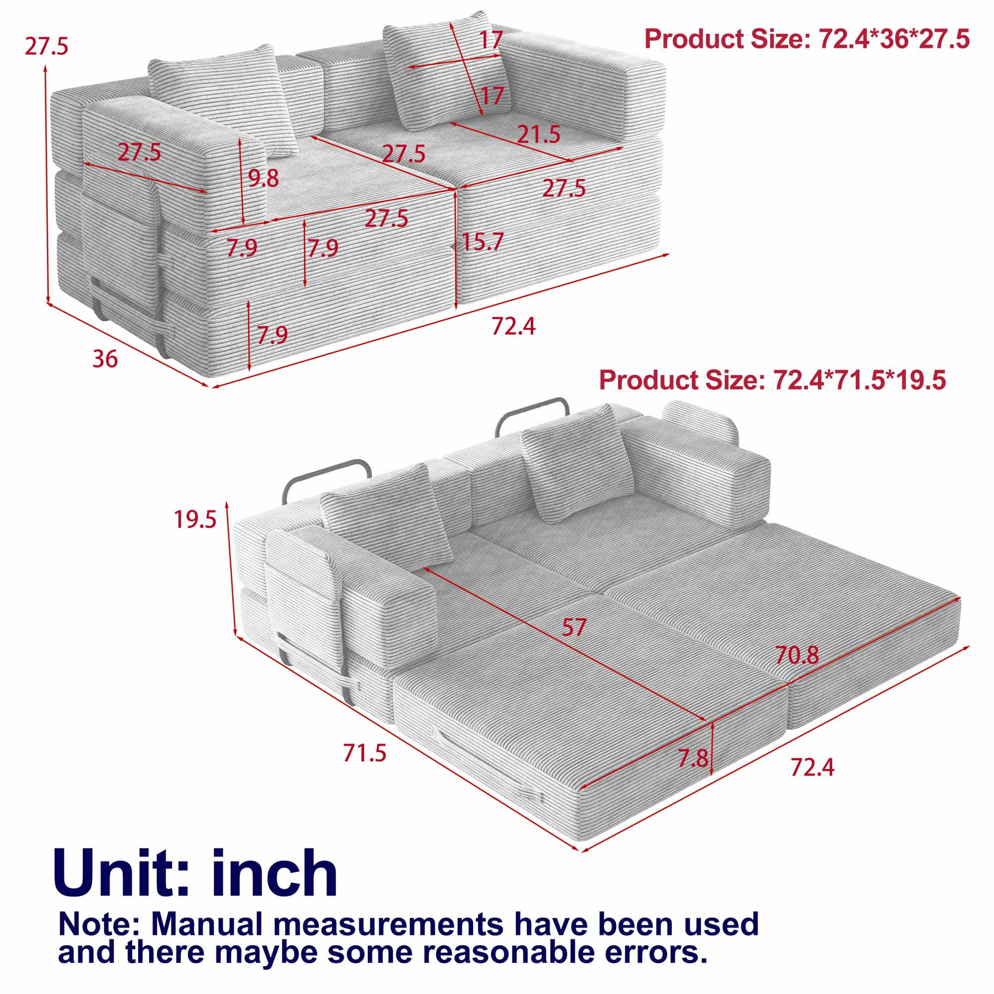 72" Convertible Corduroy Sofa Bed,Folding Sleeper Couch with Two Side Storage Pockets & Two Cushions for Living Room,Bedroom,Grey