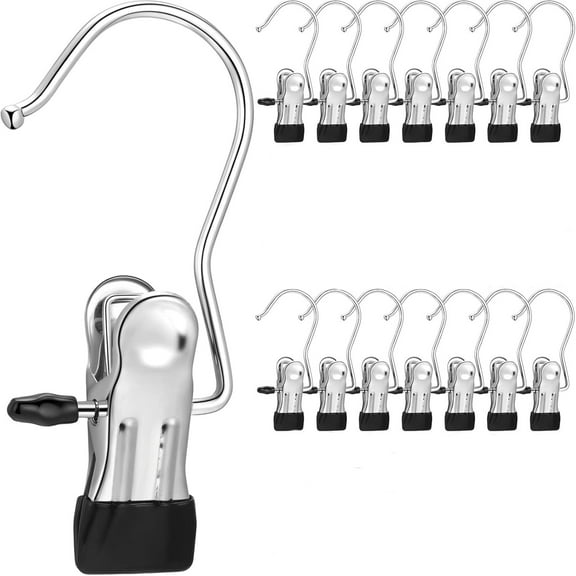 Hanger Clips,15 Pcs Hanging Clips Clothes Pins,Stainless Steel Laundry Hooks,Portable Boot Hanging Hold Clip for Jeans,Hats,Tall Boots,Towels,Multifunctional Pant Organizer Clips - Black