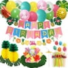 Luau Party Decoration,Tropical Hawaii Birthday Party Supplies Include Bday Banner,Artificial Tropical Palm Leaves,Hibiscus Flowers,Honeycomb Pineapples,Summer Balloons,Umbrella Straws