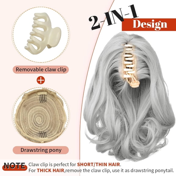WEIF-Ponytail Extension, 10" Short Claw Clip in Pony Tails Hair Extensions Curly Wavy Synthetic Drawstring Halloween Hairpieces for Women(Light Sliver Grey)