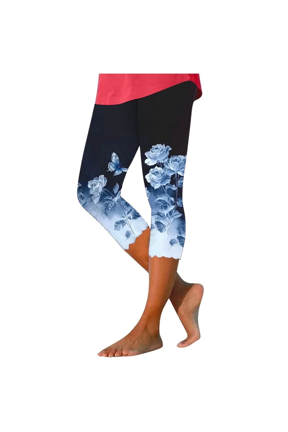 Compression Capri Leggings Women 2025 Summer Slim Fit Yoga Capris Pants Floral Print High Waist Cropped Trouser Tummy Control Knee Length Capris Black,S