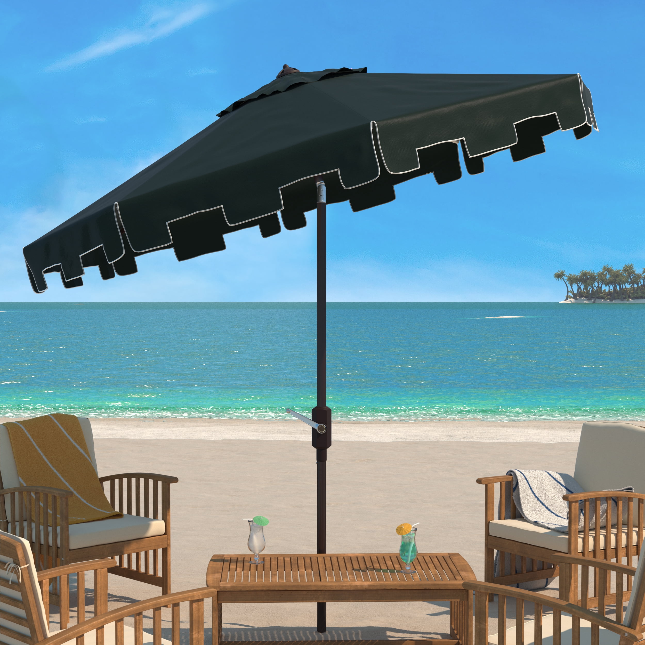 SAFAVIEH Zimmerman 11' Market Crank Round Patio Umbrella, Dark Green