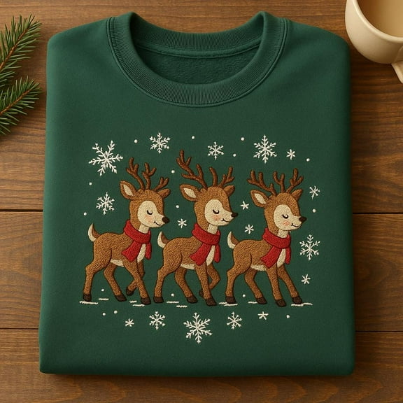 Embroidered Reindeer Sweatshirt, Christmas Triple Deer, Winter Snowflake Holiday Sweater, Festive Red Scarf Xmas Crewneck Gift
