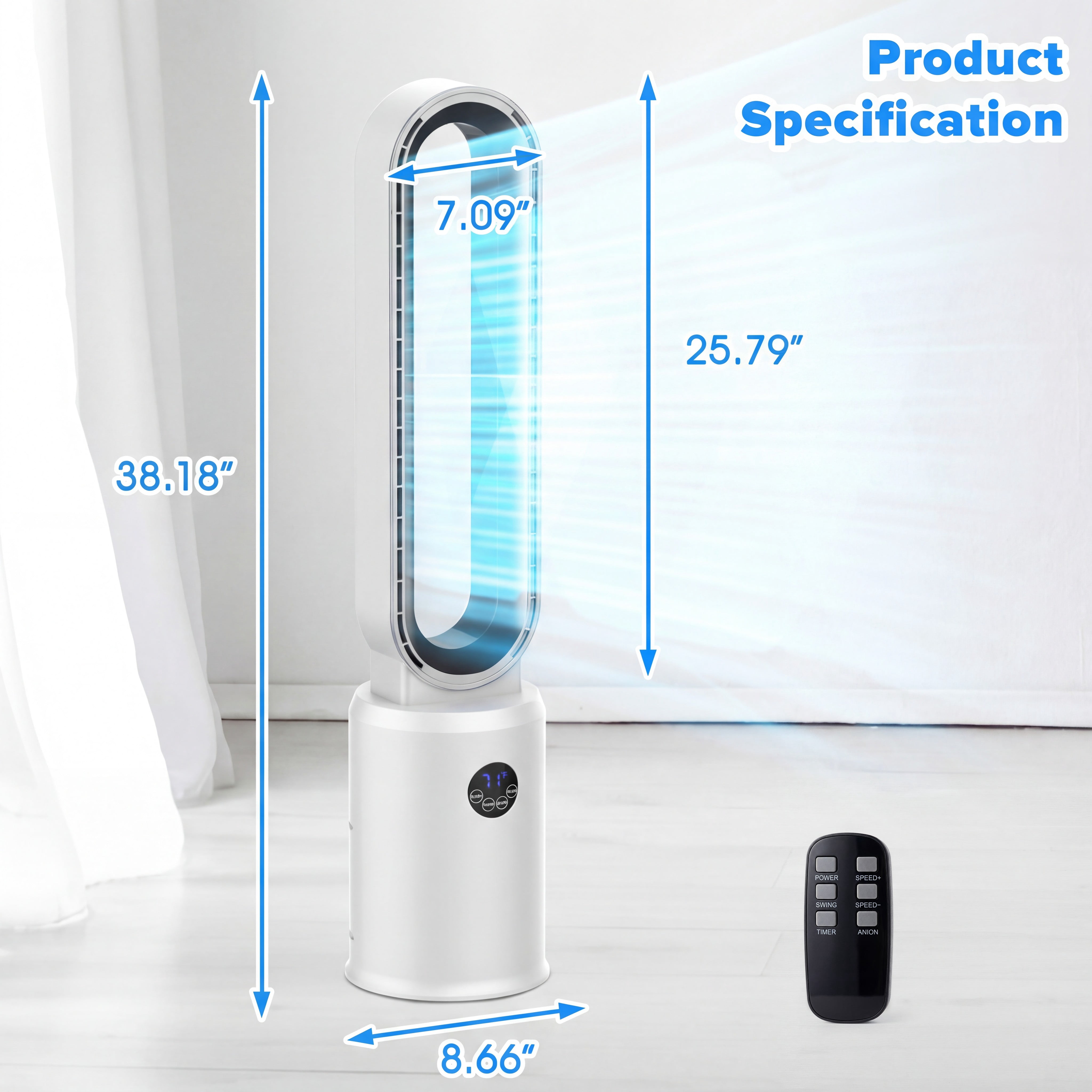 Advwin 38"Bladeless Tower Fan, Quiet Cooling Air Circulator with 60° Oscillation, 24 Speeds, White