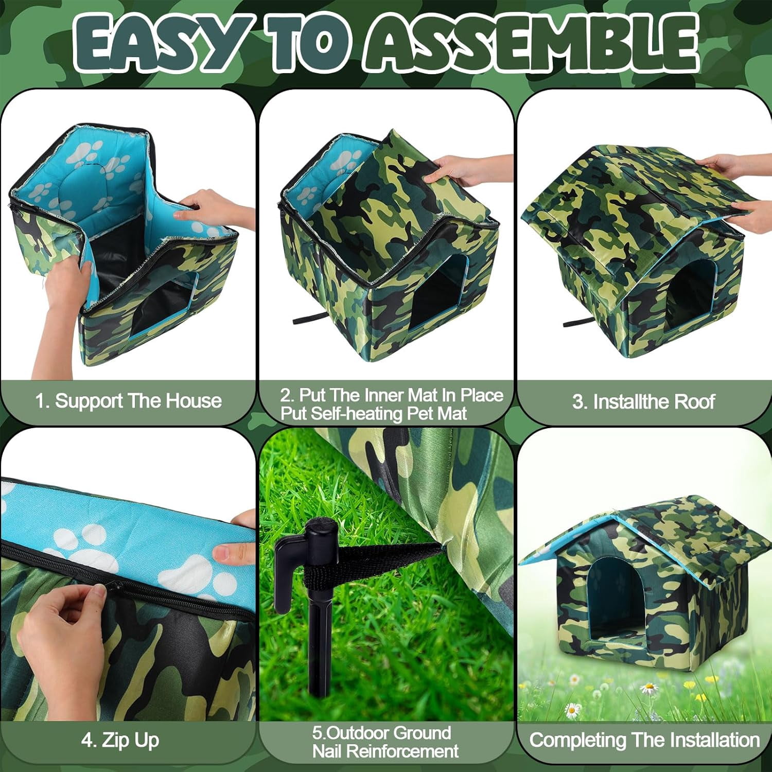 16" x 15" x 14 Outdoor Cat House for Winter Weatherproof Feral Pet Shelter for Cats Dog Collapsible Outside Green Camouflage Pet House with Self Warming Pad Blanket 3 Tent Stake(M Size)