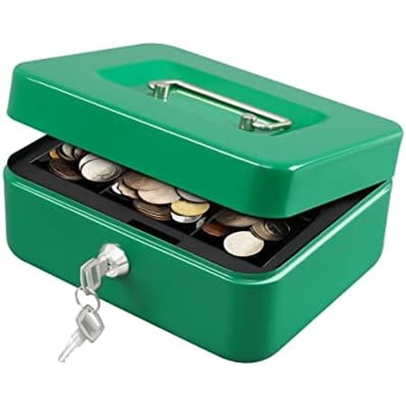 Medium Cash Box with Money Tray Small Safe Lock Box with Key Cash Drawer 7.87 x 6.30 x 3.54 Green Medium