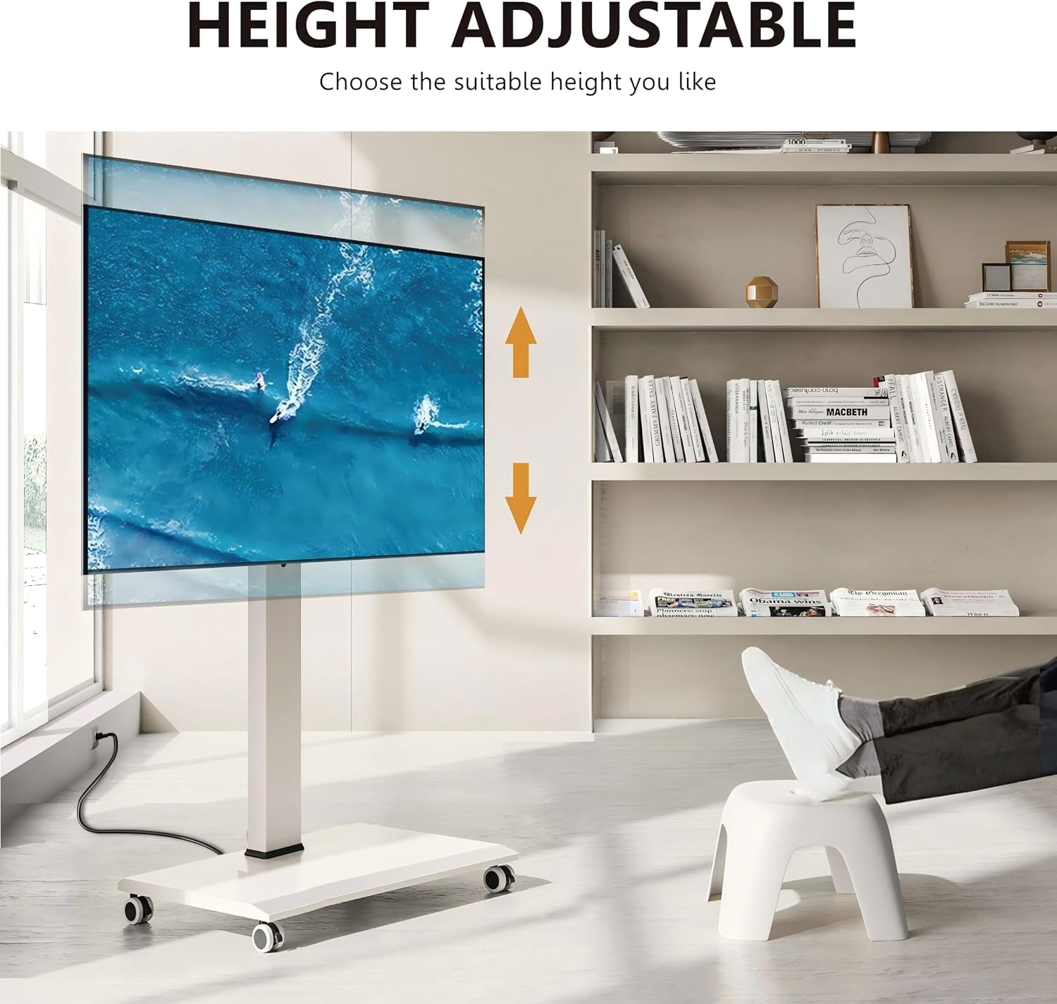 FITUEYES 2PCS Rolling TV Stand for 32–75 Inch TVs, White, Power Outlet, Portrait/Landscape Rotation