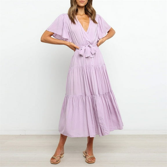 QLEICOM Women's Summer Wrap V Neck Floral Print Dress Women Short Sleeve Ruffle Beach Loose Dress Plus Size Flowy High Low Maxi Dress Bohemian Beach Dress with Belt Yellow XL