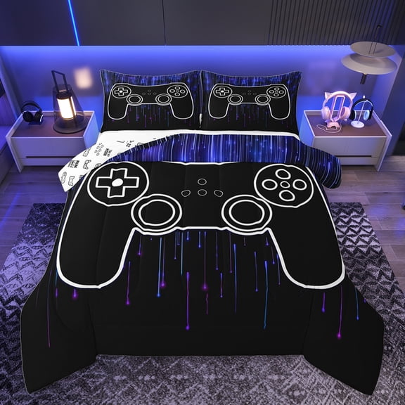 jejeloiu Gamepad Gamer Bedding Comforter Set,Modern Video Game Twin Comforter Sets,Blue Black Bedding Set For Boys Kids,Luxury Bedroom Decor Reversible,2 Pieces