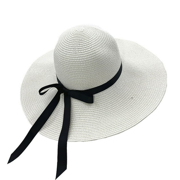 Yoetaun Elegant Floppy Straw Hat Woman Foldable Wide Side Casual Female Hat Sunshades Top with Bowknot Travel Sun White