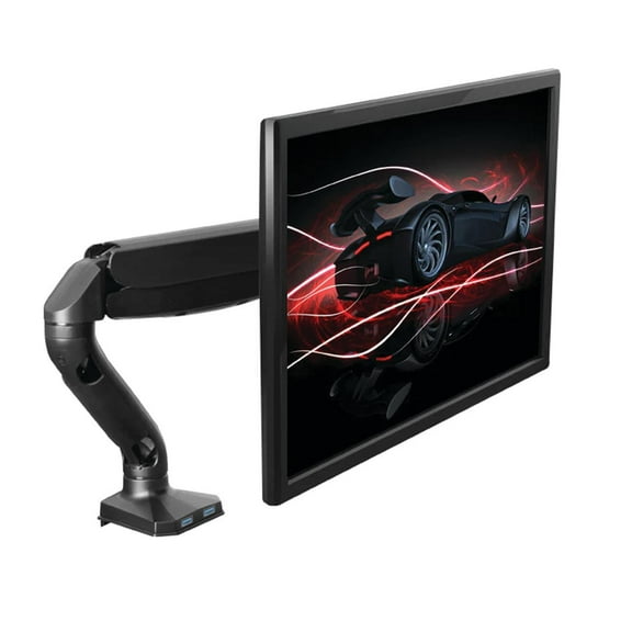 Single Monitor Arm with 2 USB Ports – Adjustable Height, Tilt, and Swivel Desk Mount for 17–27" Monitors, Universal VESA Mount with C-Clamp & Grommet Base