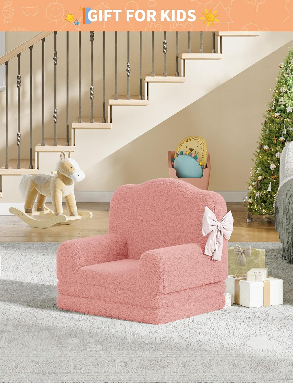 Kids Couch, 2-in-1 Convertible Teddy Fleece Fabric Toddler Sofa Chair, Soft Fold Out Couch Lounger for Kids, Comfy Children's Sofa Bed for Playroom, Nursery, Birthday Gift (Pink Crown)