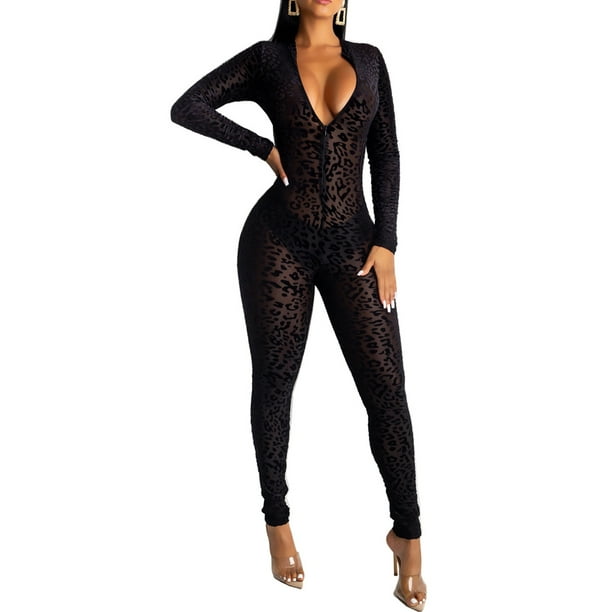 Women Bodycon Jumpsuit Long Sleeve Sheer Mesh Leopard Print One Piece  Romper 