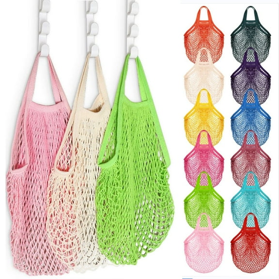 2PCS Reusable Cotton Mesh Grocery Bags Foldable Long Handle Net Tote Bags for Farmers Market Shopping, Fruit and Vegetable Bags