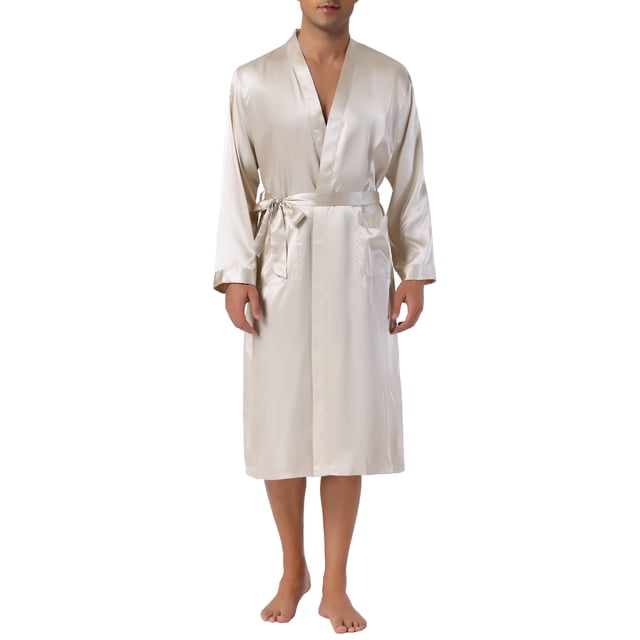 INSPIRE CHIC Bata de noche para hombres de satén con mangas largas y lazo para dormir, bata de baño L Champagne para el Día del Padre
