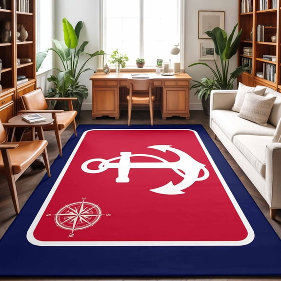 Area Rugs 5'x7', Nautical Anchor Carpet Runner Indoor Outdoor Rugs Home Decor Aesthetic, Blue Red Coastal Ocean Beach Compass Non Slip Mats Washable Accent Rug for Living Room Bedroom