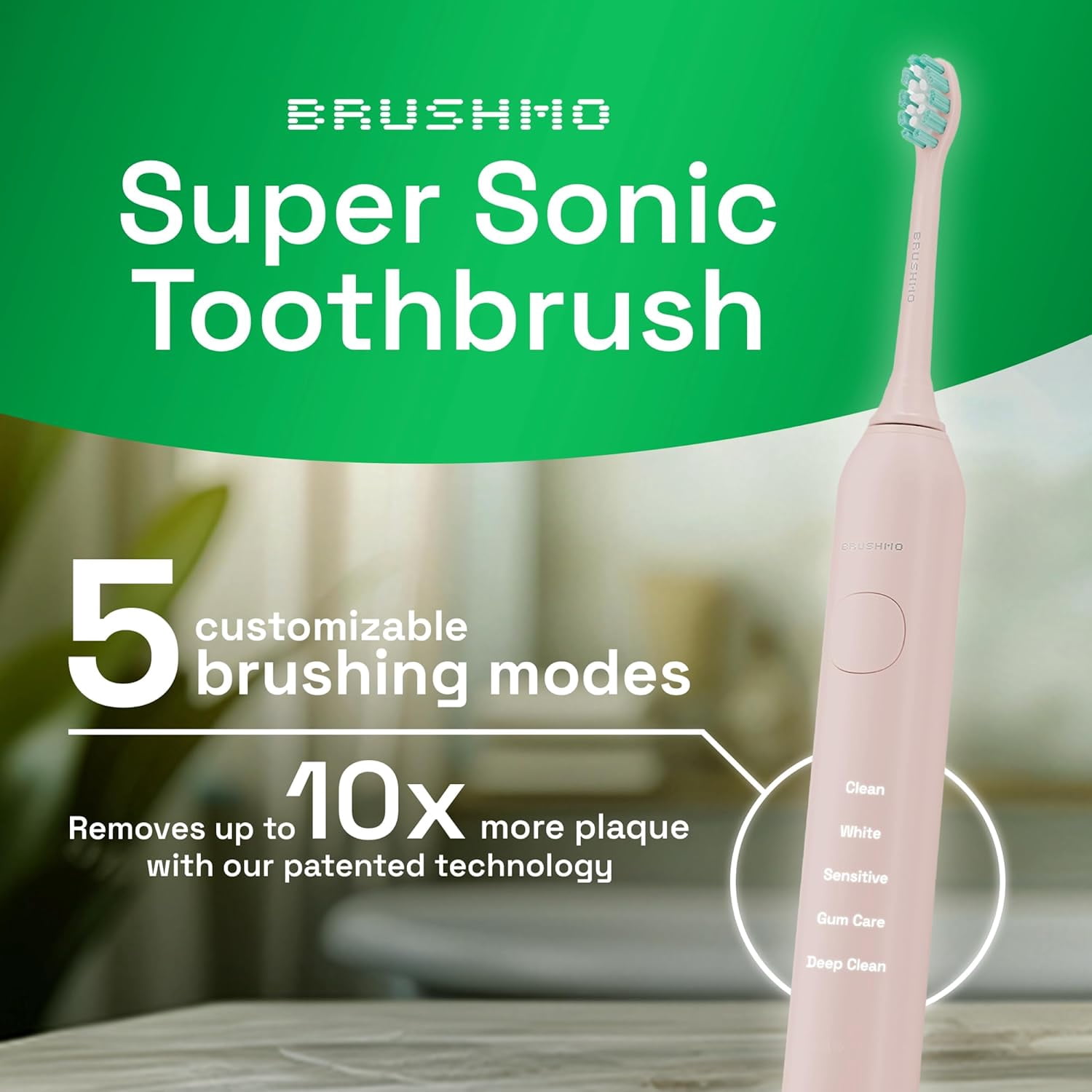 Brushmo Super Sonic Rechargeable Toothbrush, 5 Brushing Modes, Includes 4 Brush Heads, 2-min Timer, 30-Day Battery, Charging Base, Nova Pink