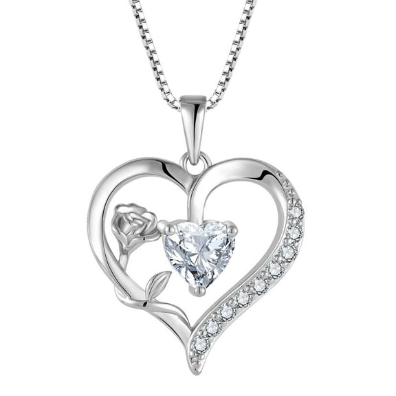 Blaniy Heart Birthstone Necklace 925 Sterling Silver Rose Flower Pendant Jewelry Gifts for Her,18"