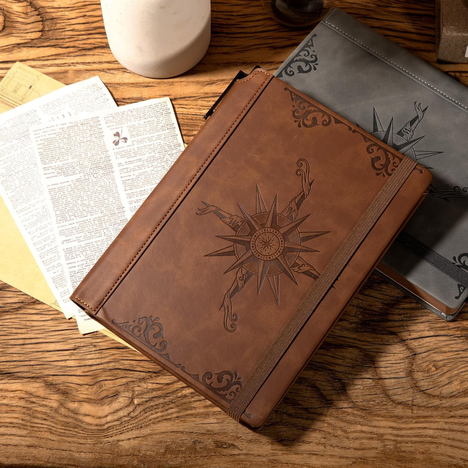 Compass Leather Notebook Journal for Men, 100 GSM 288 Pages Lined Journals for Writing, A5 Hardcover Journaling Notebooks Gift Set with Pen for Travel Office Daily Writing