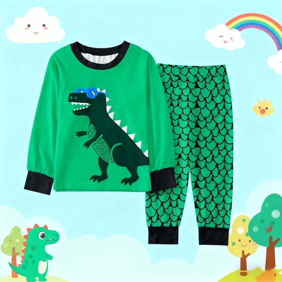 Angala Outfit For Toddler Boys Cartoon Dinosaur Graphic Long Sleeve Crew Neck Sleepwear Pants Set Boys Fall Casual Clothes