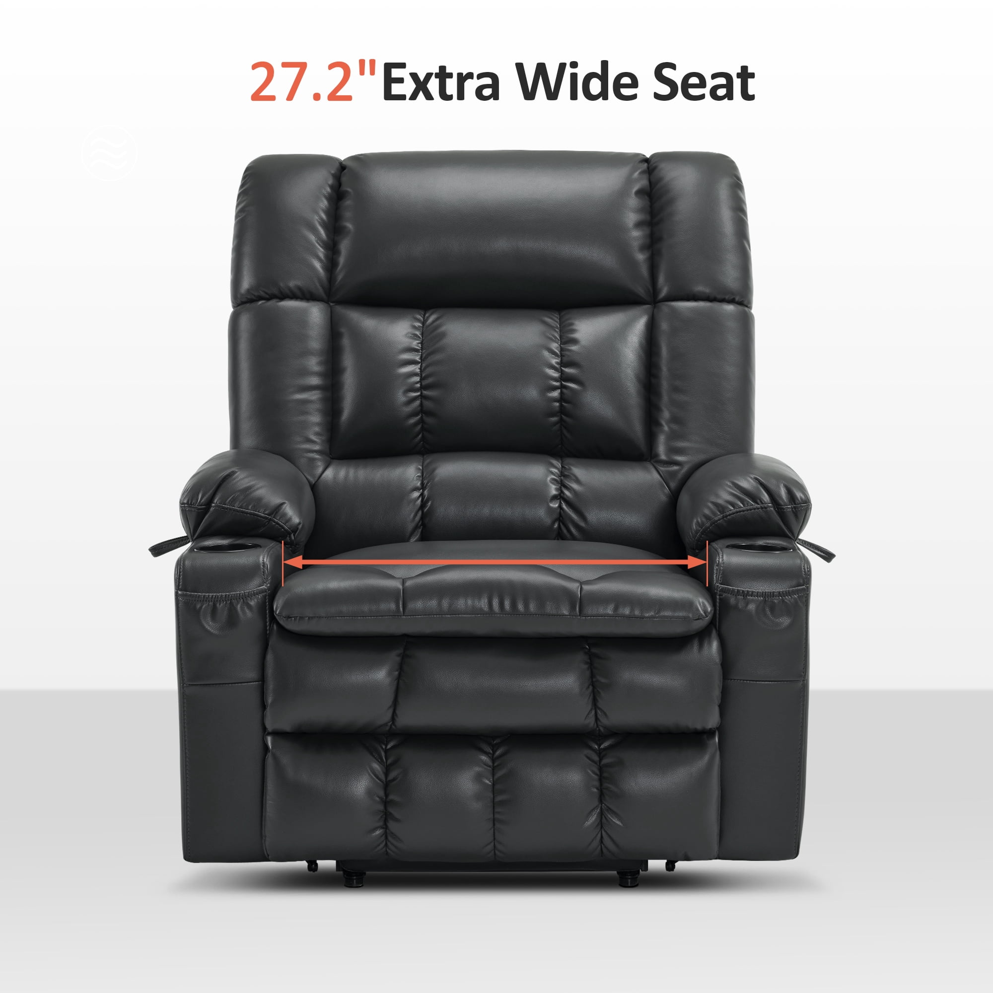 MCombo Large Dual Motor Power Lift Recliner Chair Sofa with Massage and Heat for Big Elderly People, Infinite Position, USB Ports, Faux Leather R7891 (Black, Large-Wide)