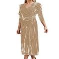 thumbnail image 3 of Femmes Velours Midi Bodycon Robe Couleur Unie V-Cou Tie-Up Robe à Manches Longues Robe de Soirée, 3 of 5