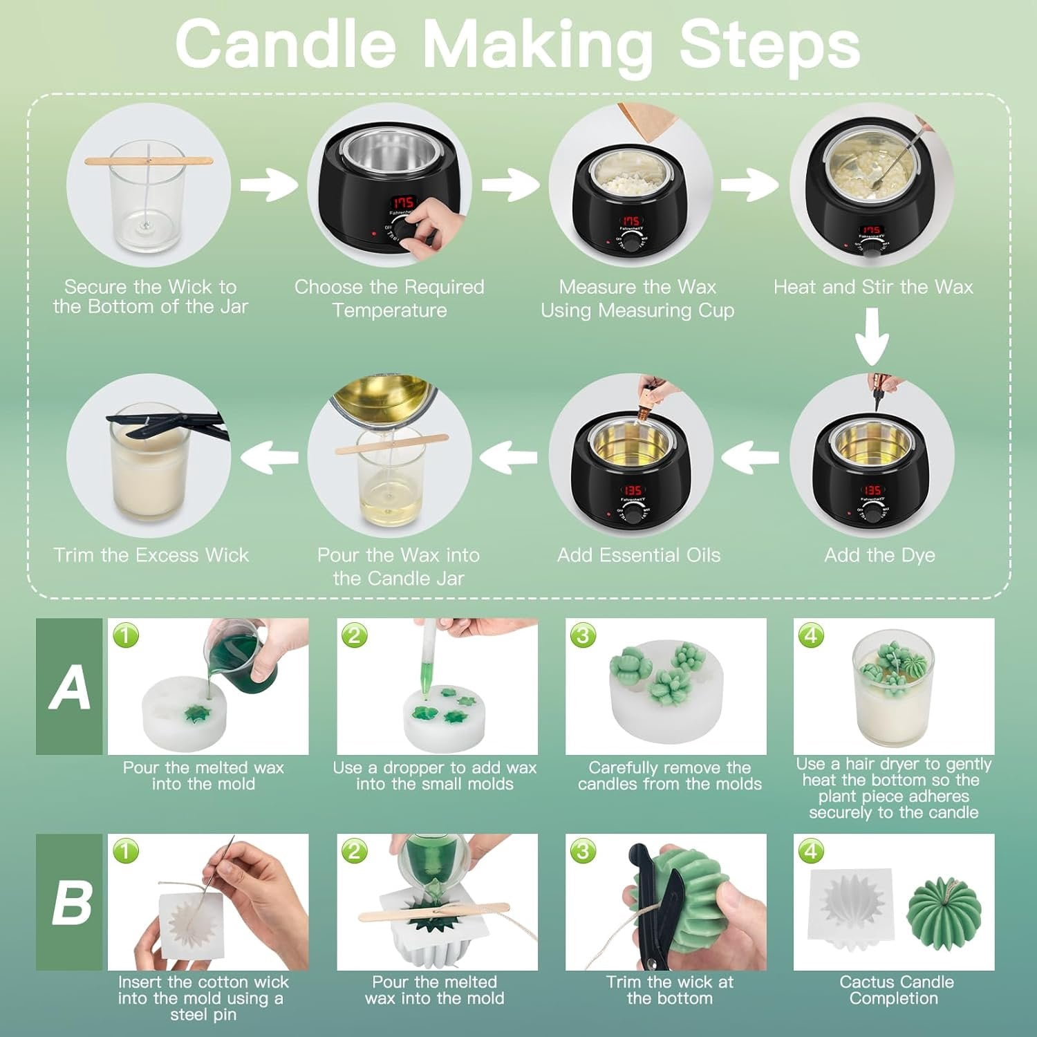 Candle Making Kit for Adults & Beginners - -in- DIY Candle Supplies with 1200g  Soy Wax, Hot Plate, 2 Succulent Molds, 8 Jars &  Boxes |  for  Crafts & Gifting