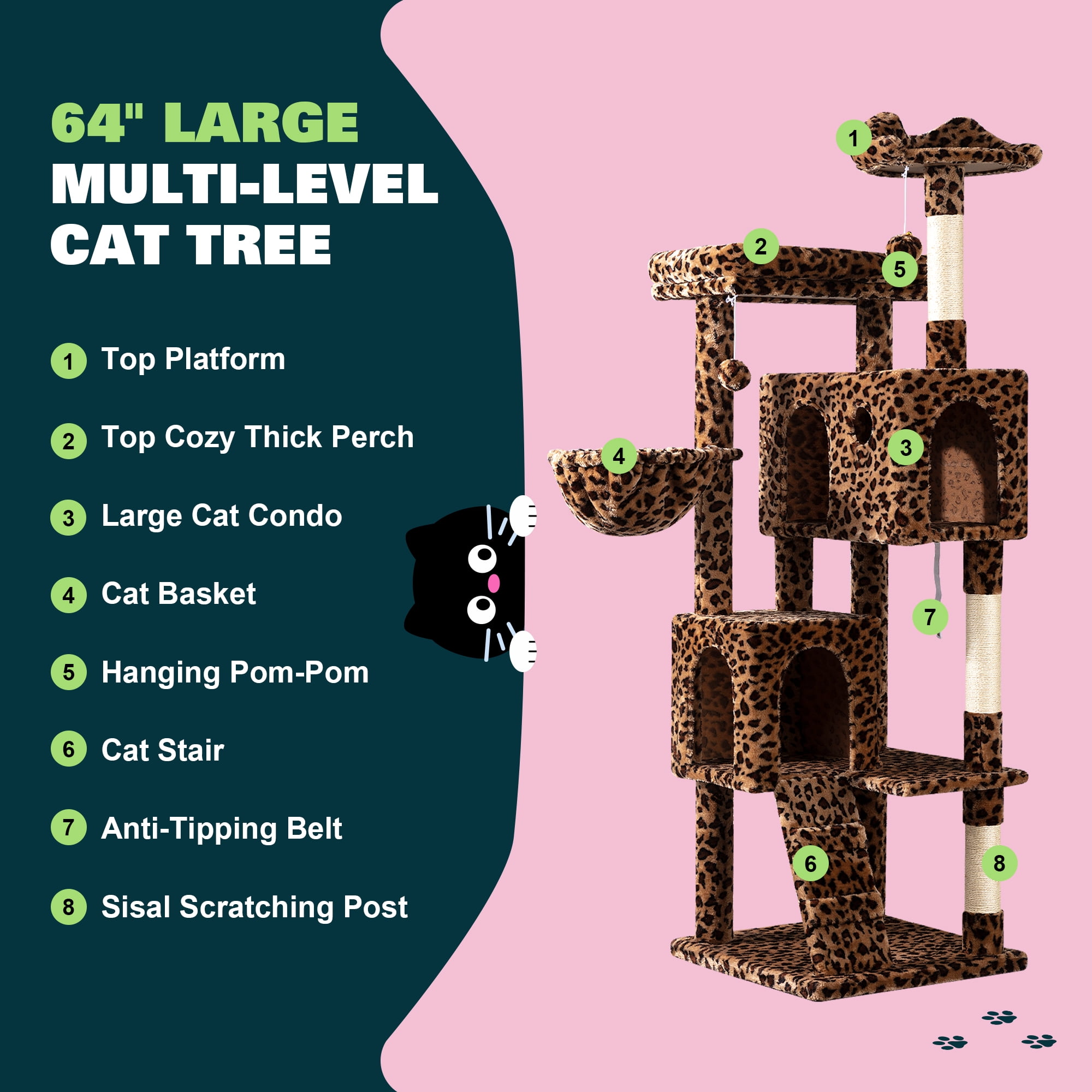 Amolife 64" Large Cat Tree and Tower with Stair, Condo House & Scratching Posts for Indoor Cats, Leopard Print
