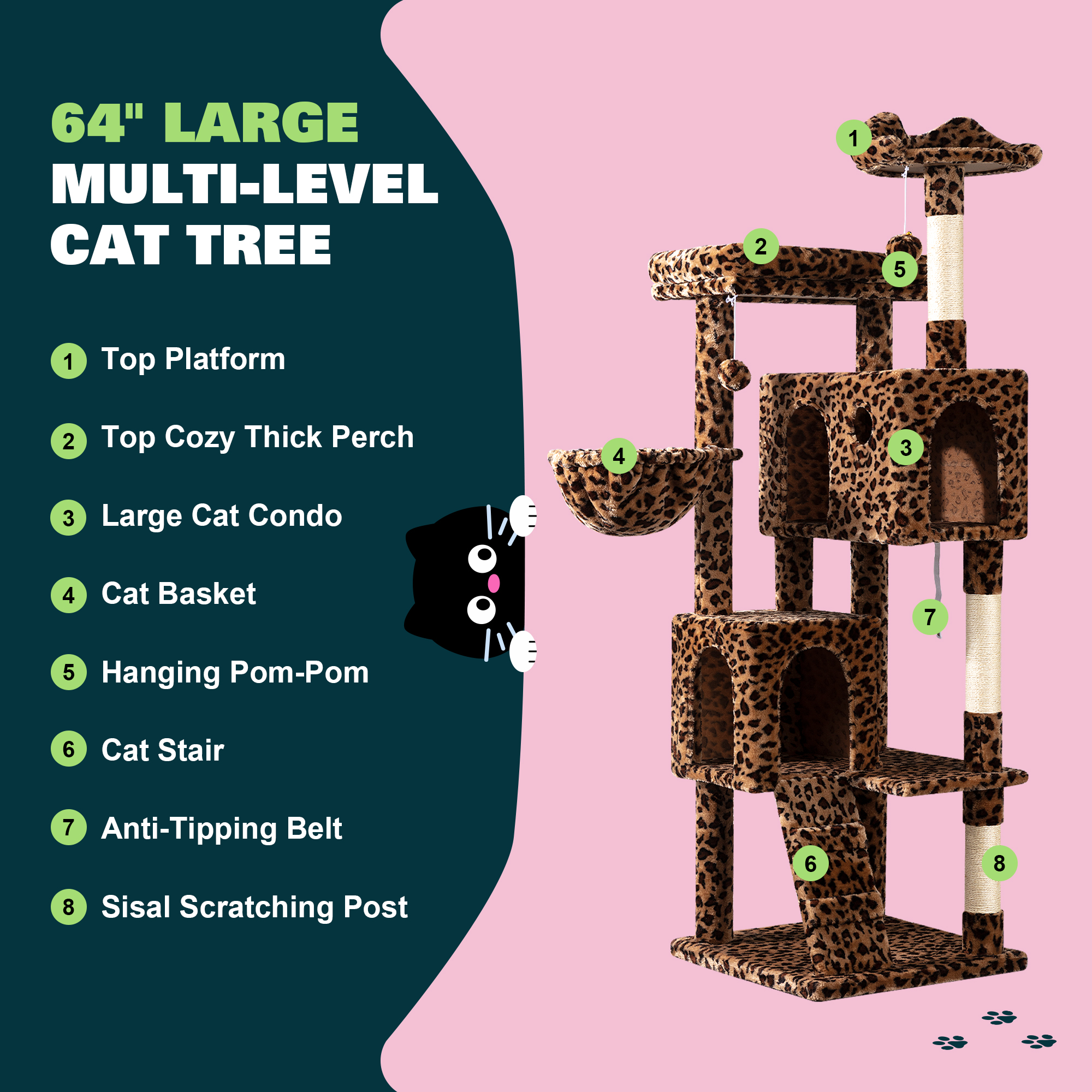 Amolife 64" Large Cat Tree with Stair and Condo, Leopard Print photo 6