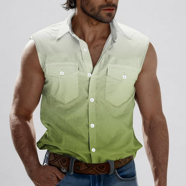 Camiseta sin mangas con cuello vuelto para hombre, estilo informal, a la moda, con estampado degradado, cuello vuelto, sin mangas, bolsillos, deportiva, de poliéster
