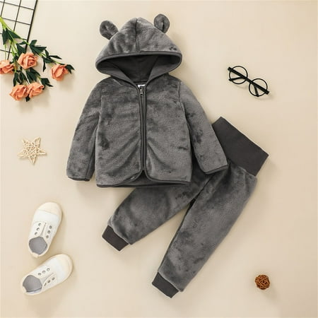 

Hunpta Infant Baby Girls Boys Solid Hooded Long Sleeve Sweatshirt Fleece Top Coat Pants Clothes Set Winter 2Pcs Outfits