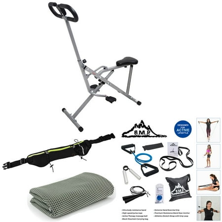 Assist Kit (Sunny Health and Fitness Upright Squat Assist Row-N-Ride Trainer Bundle with 7-Piece Fitness Kit, Sports Zippered Waist Bag and Workout Cooling)